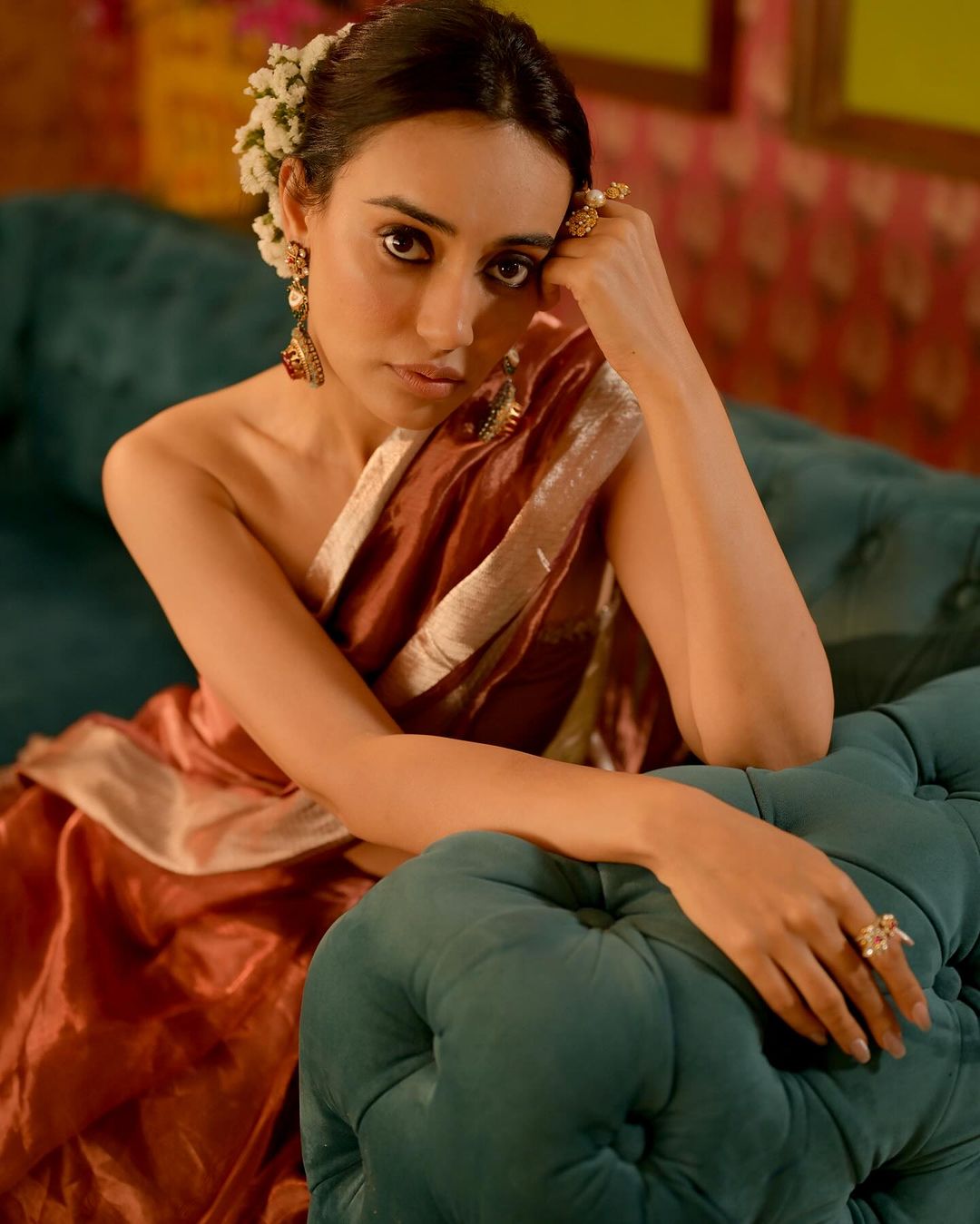 Surbhi Jyoti Glows in Much-More's Rose Quartz Antique Gold Polish Earrings