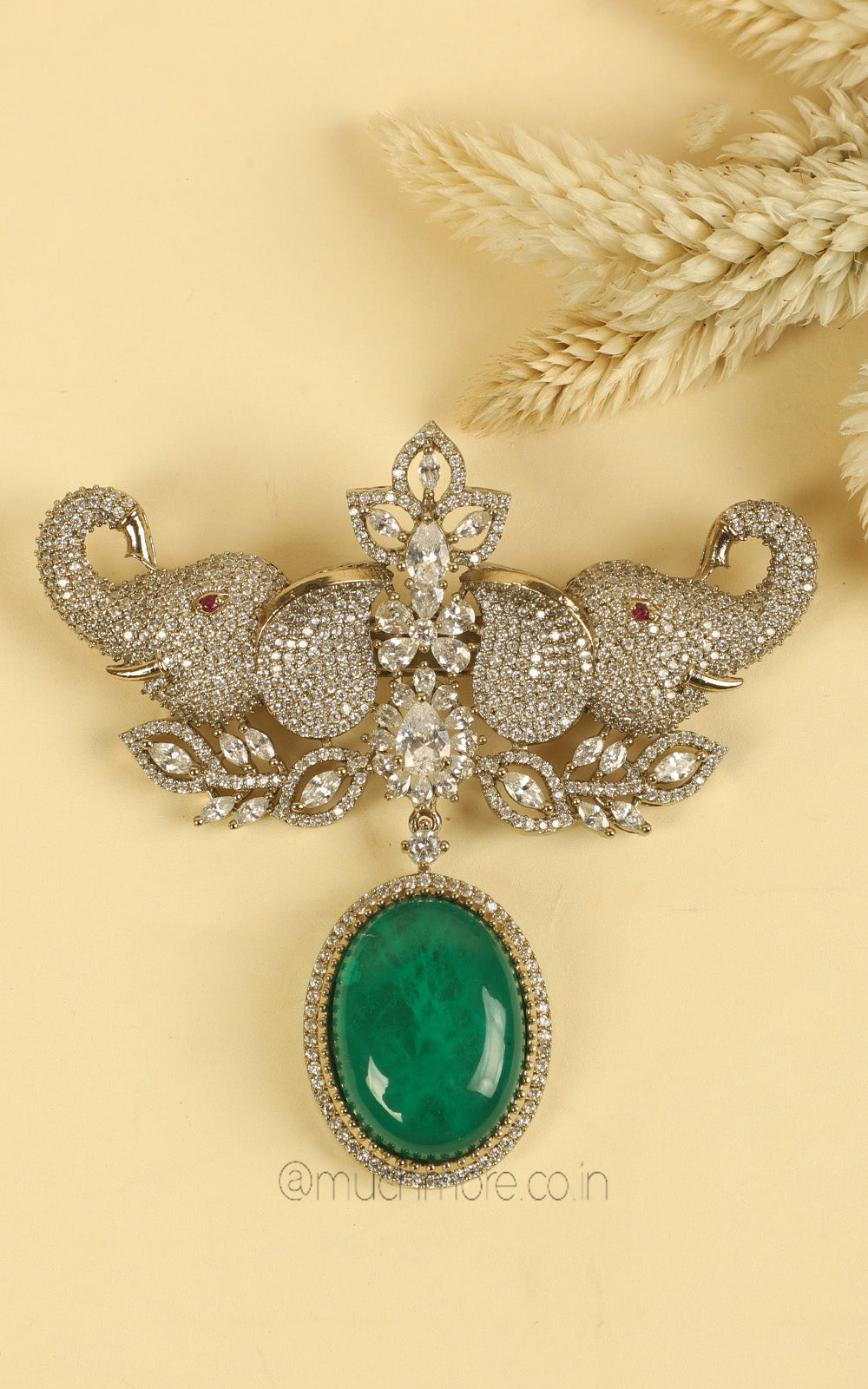 Elephant Face With Emerald Double Brooch For Men