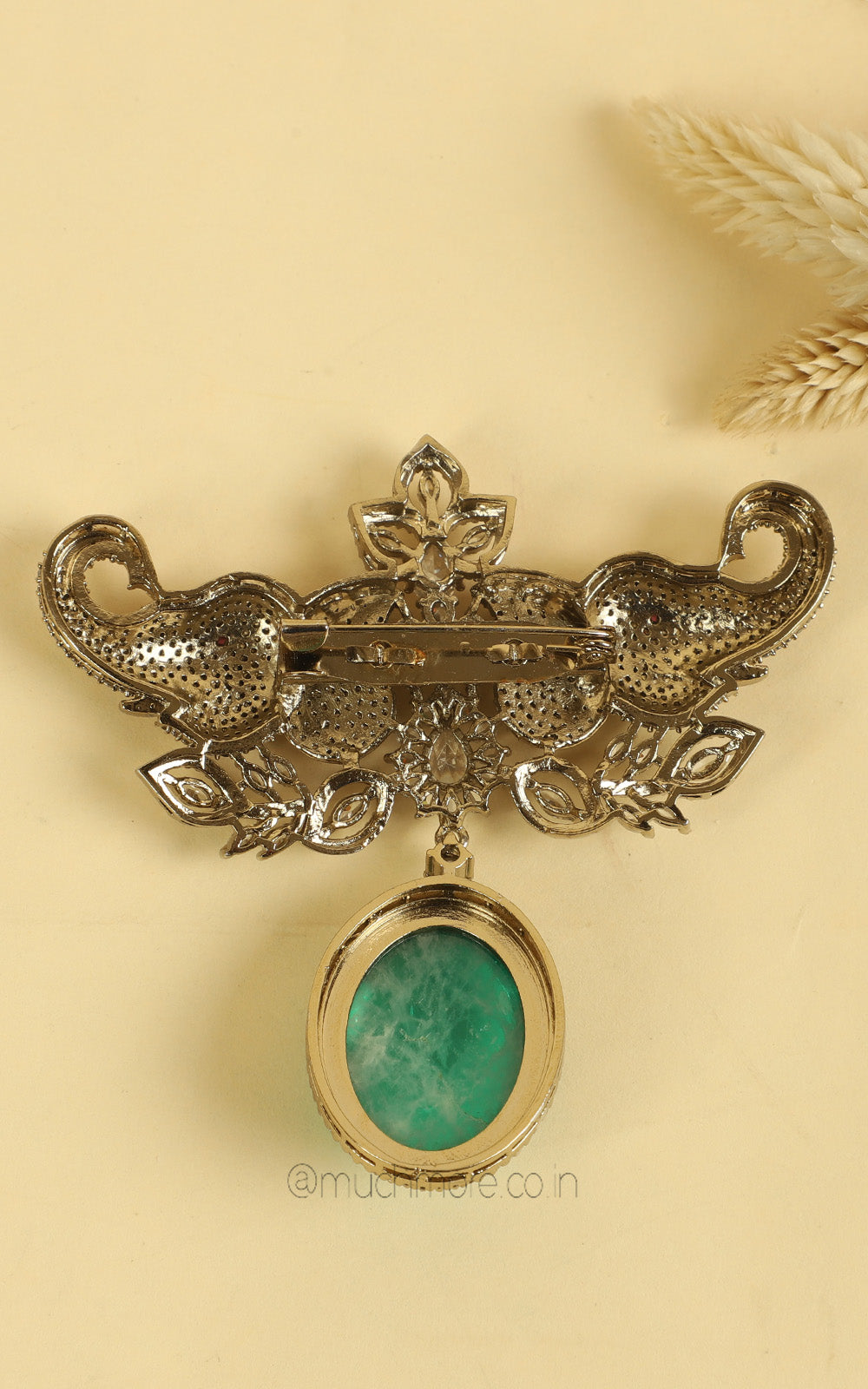 Elephant Face With Emerald Double Brooch For Men