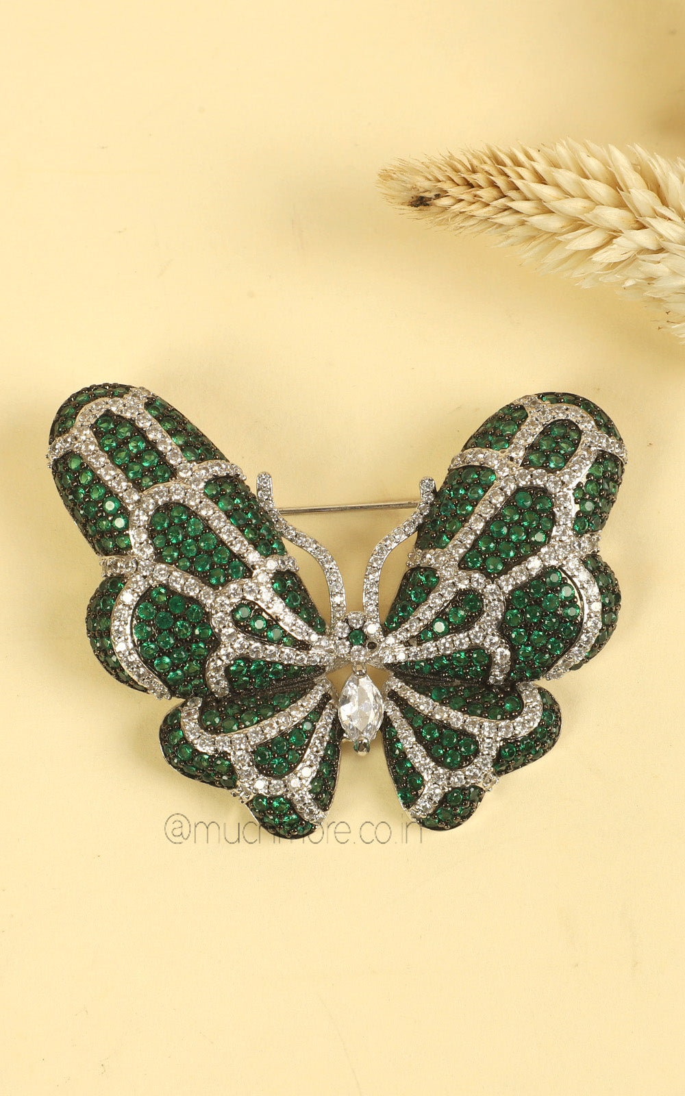 Zircon Emerald Green Butterfly Brooch In Silver Polish