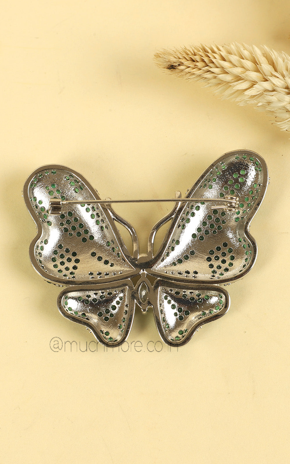 Zircon Emerald Green Butterfly Brooch In Silver Polish