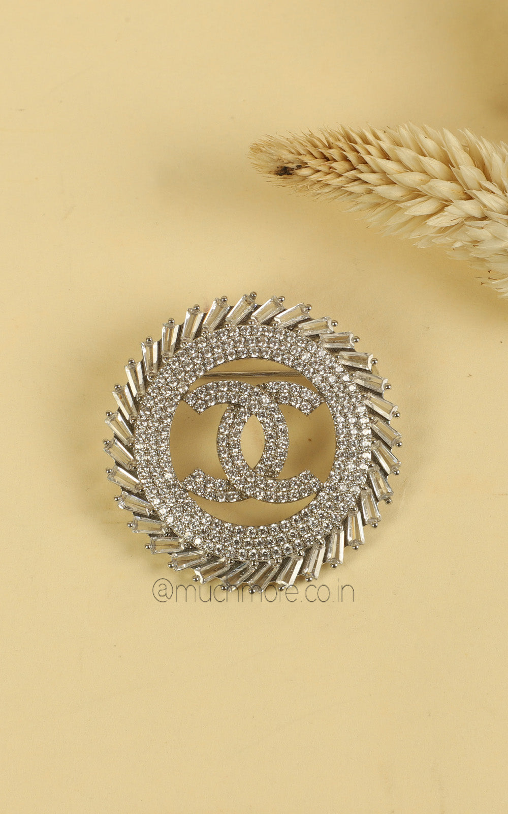 Silver Polish Round Dimaond Studded Brooch Pin