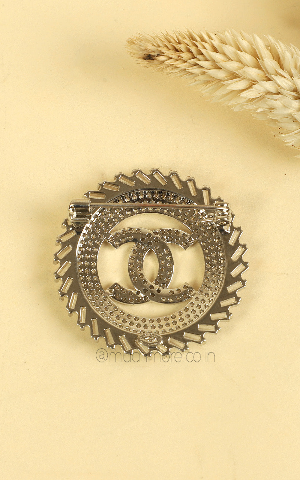 Silver Polish Round Dimaond Studded Brooch Pin
