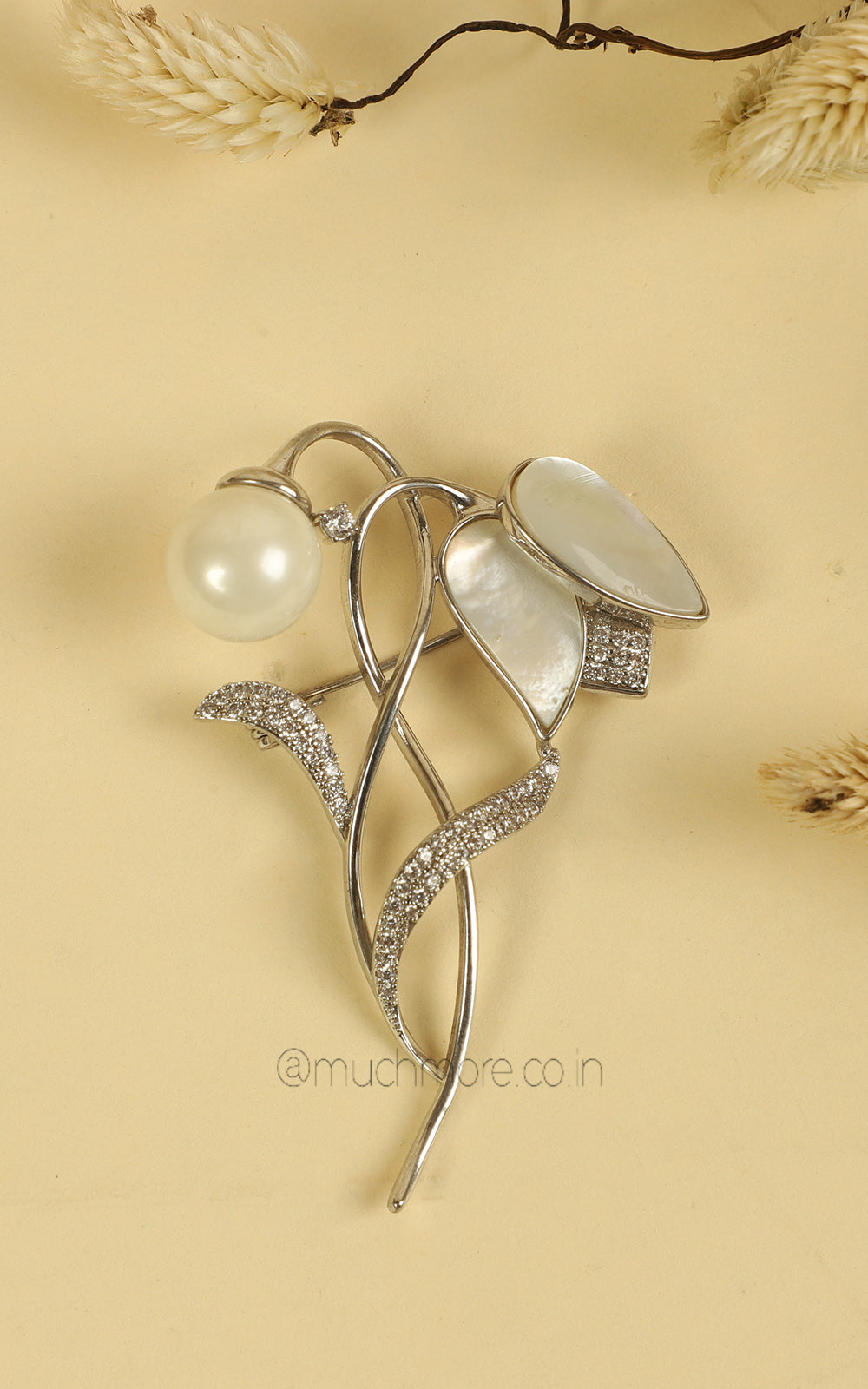 Silver Polish Pearl Flower Stick Brooch Pin Unisex