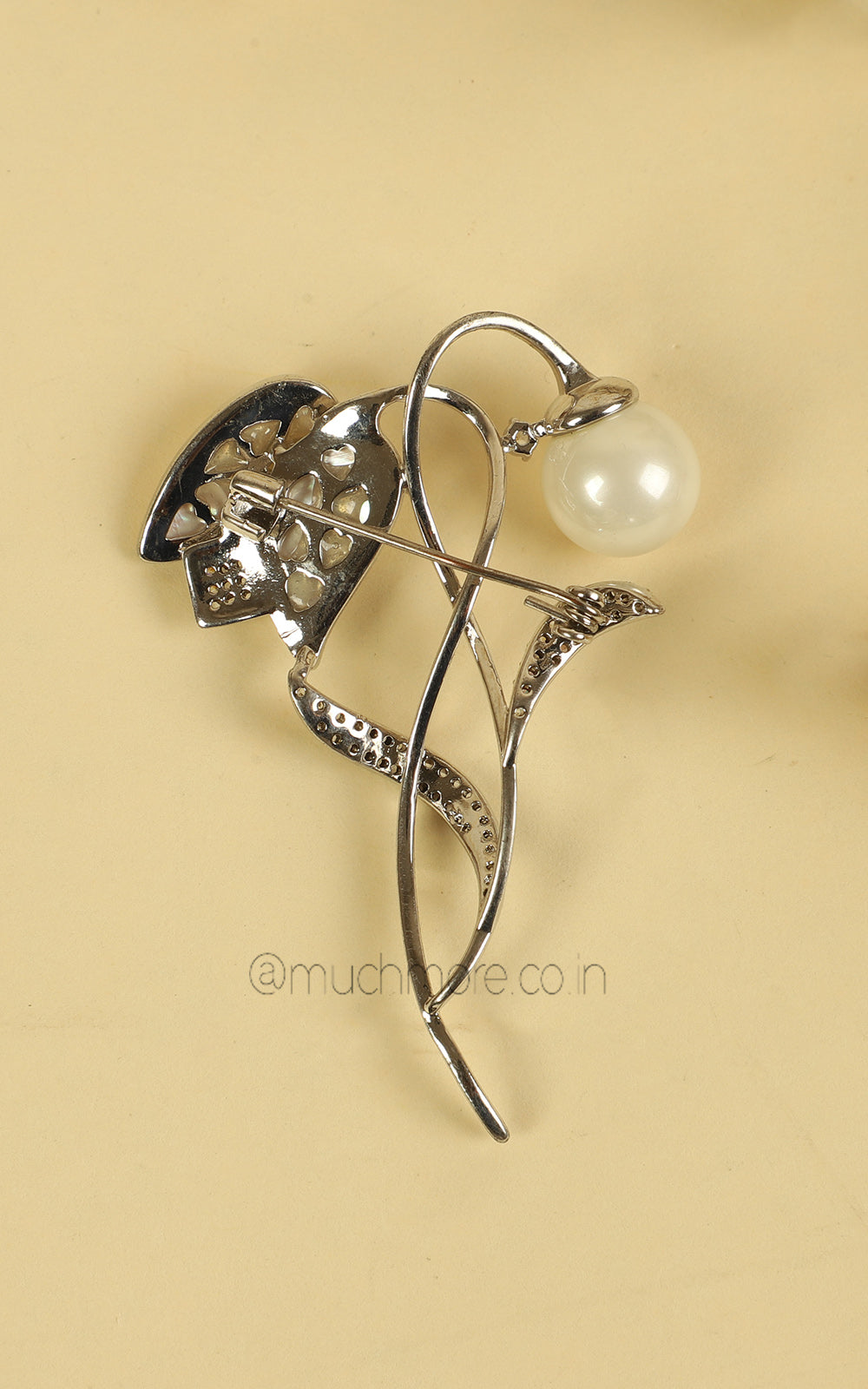 Silver Polish Pearl Flower Stick Brooch Pin Unisex