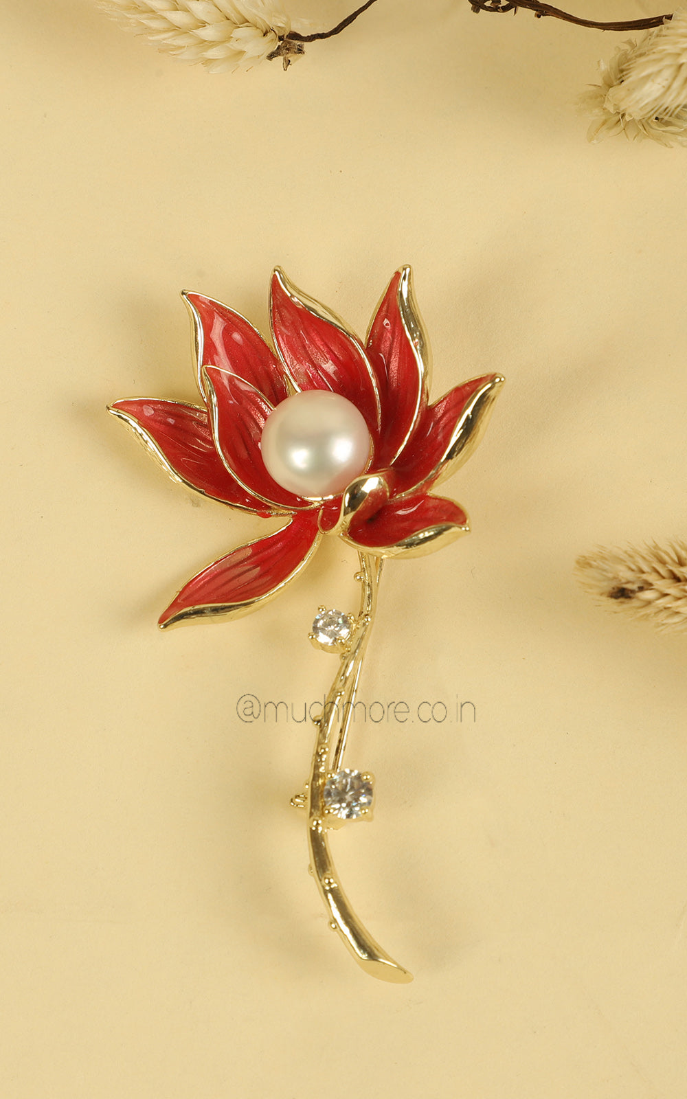 Red Hand Painted Lotus Flower Brooch Pin