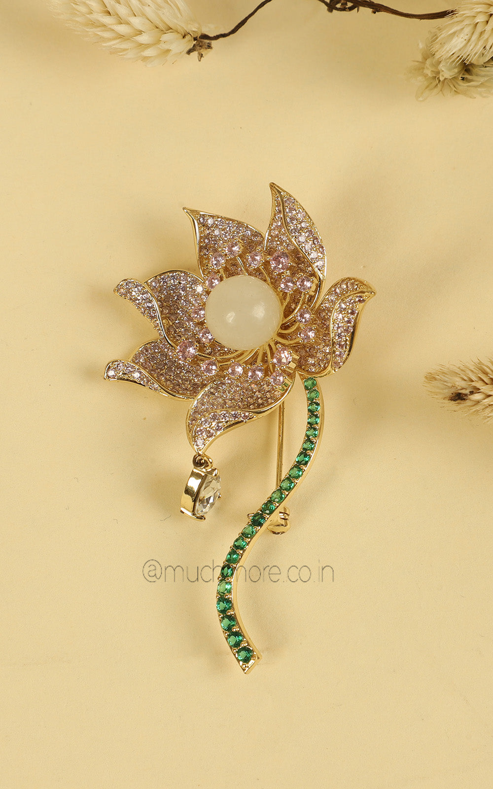 Exclusive Lotus Flower With Diamonds And Pearl In Gold Polish