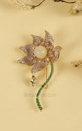 Exclusive Lotus Flower With Diamonds And Pearl In Gold Polish
