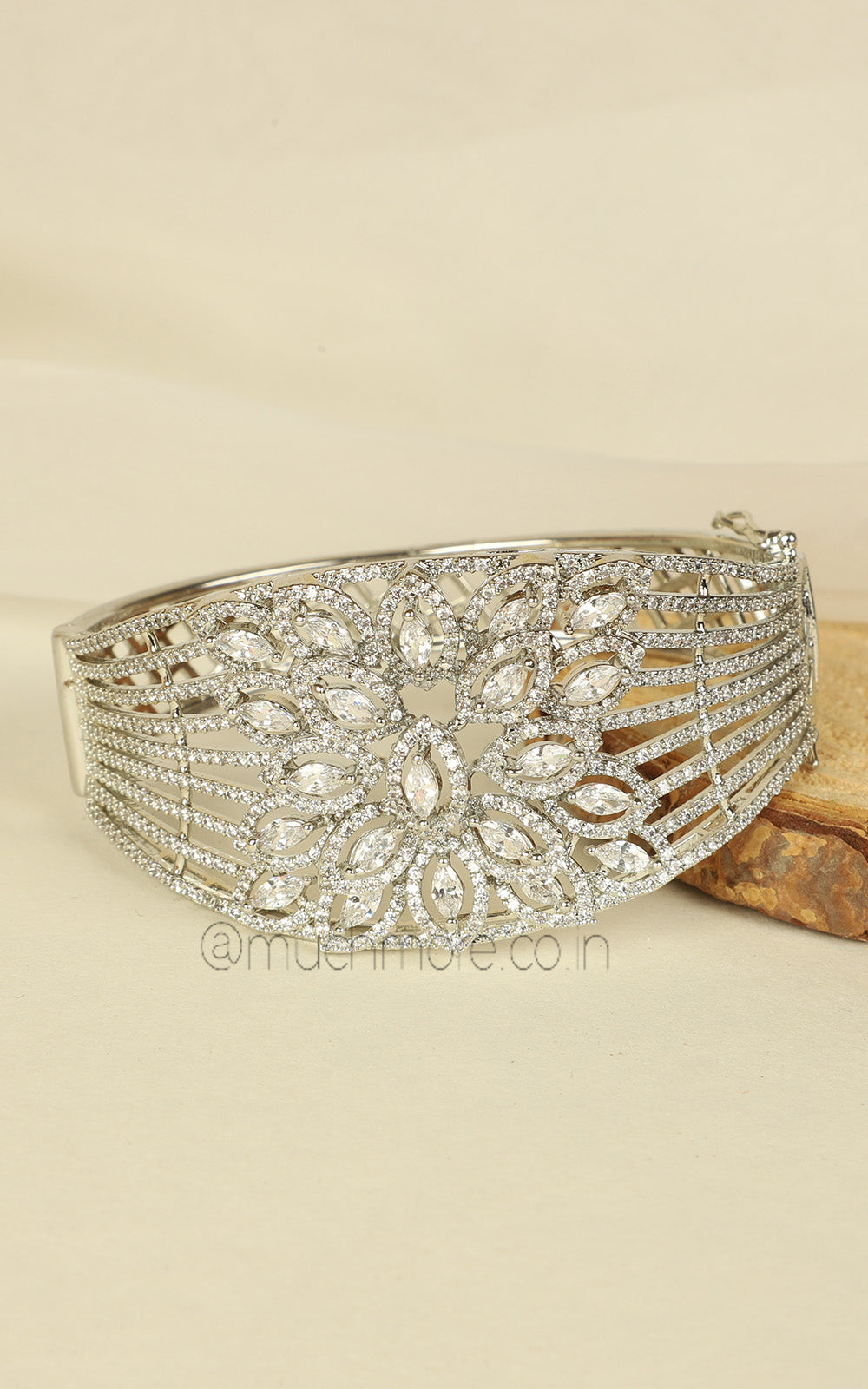 Elegant Silver Polish Broad Kada-Style Bracelet with Diamond Detailing