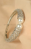 Pearl And Diamond Studded Designer Kada Silver Bracelet