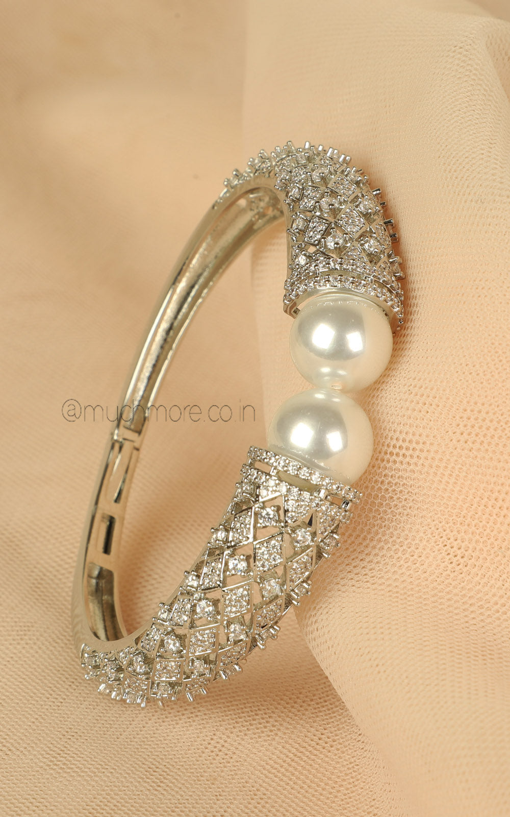 Pearl And Diamond Studded Designer Kada Silver Bracelet