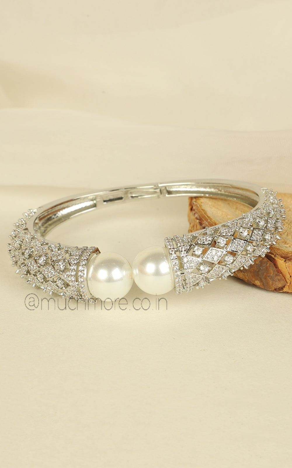 Pearl And Diamond Studded Designer Kada Silver Bracelet