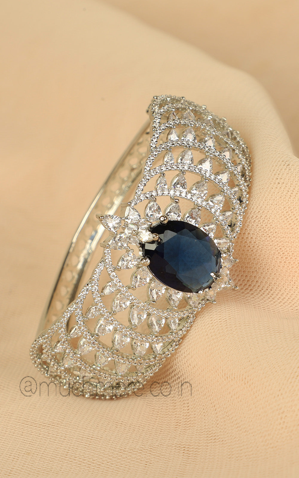 Silver Polish Sapphire Blue Studded Women Kada Bracelet