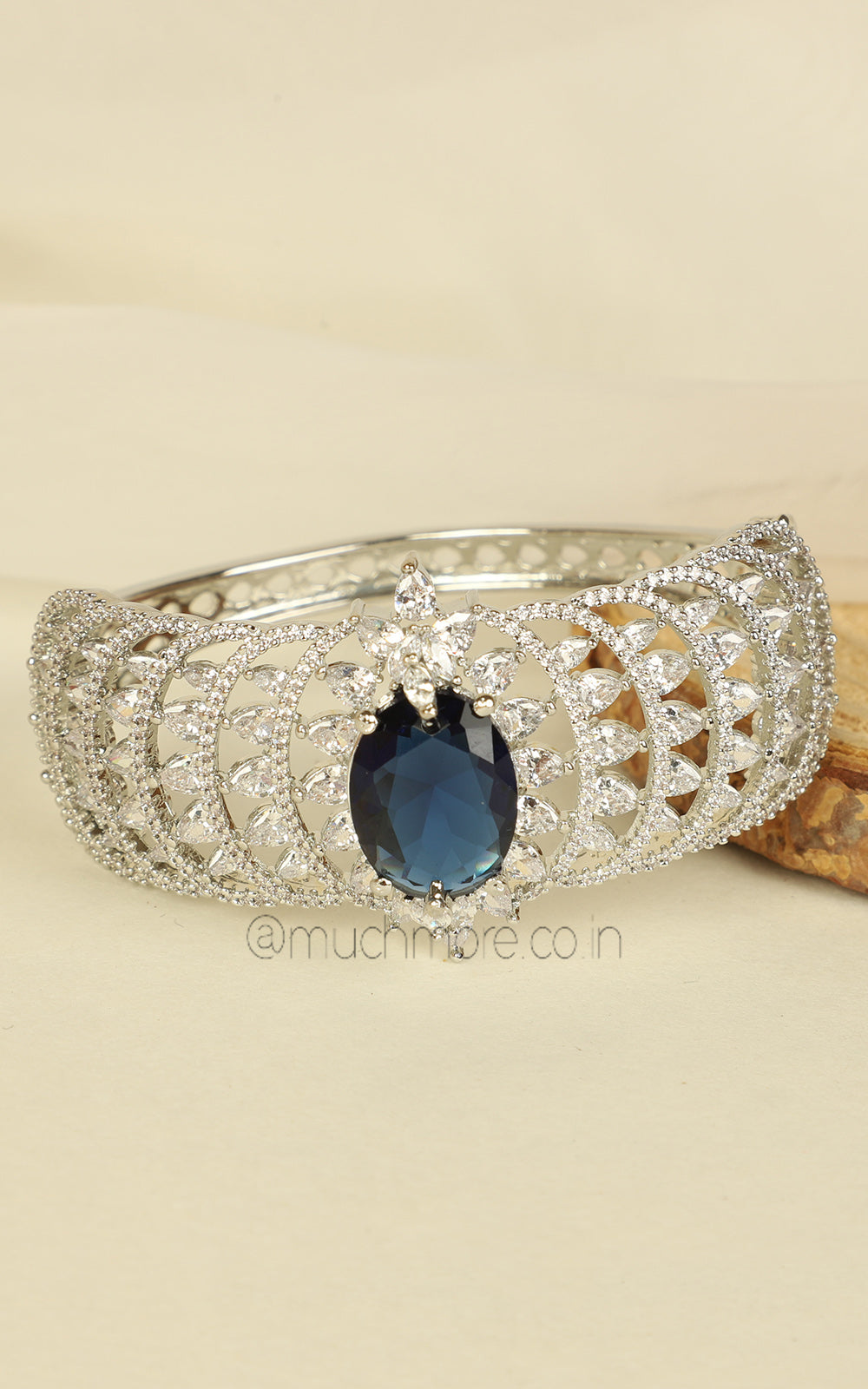 Silver Polish Sapphire Blue Studded Women Kada Bracelet