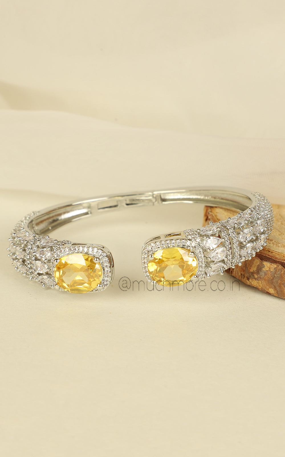 Slip On Style Silver Polish Yellow Diamond Studded Bracelet