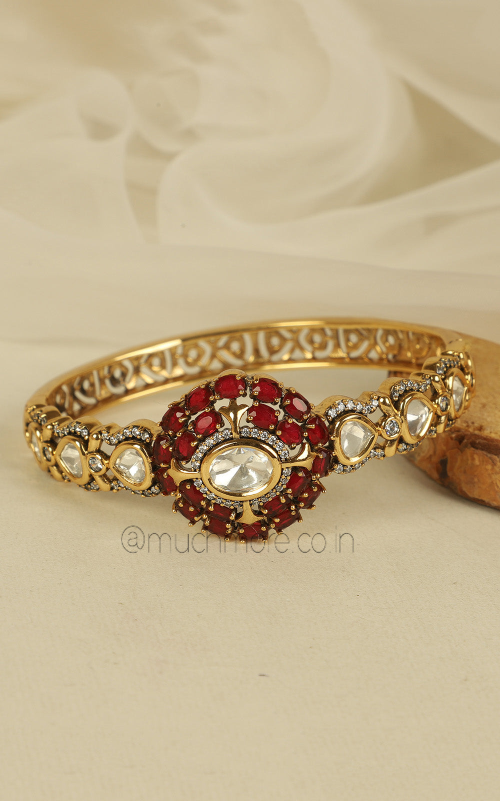 Designer Ruby Kundan Fusion Gold Polish Polki Kada Bracelet