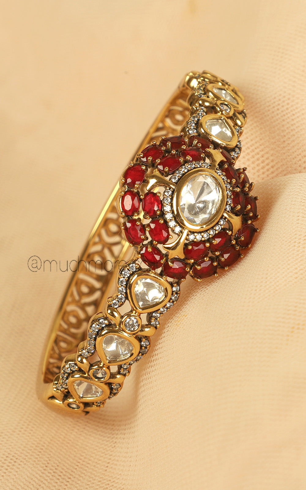 Designer Ruby Kundan Fusion Gold Polish Polki Kada Bracelet