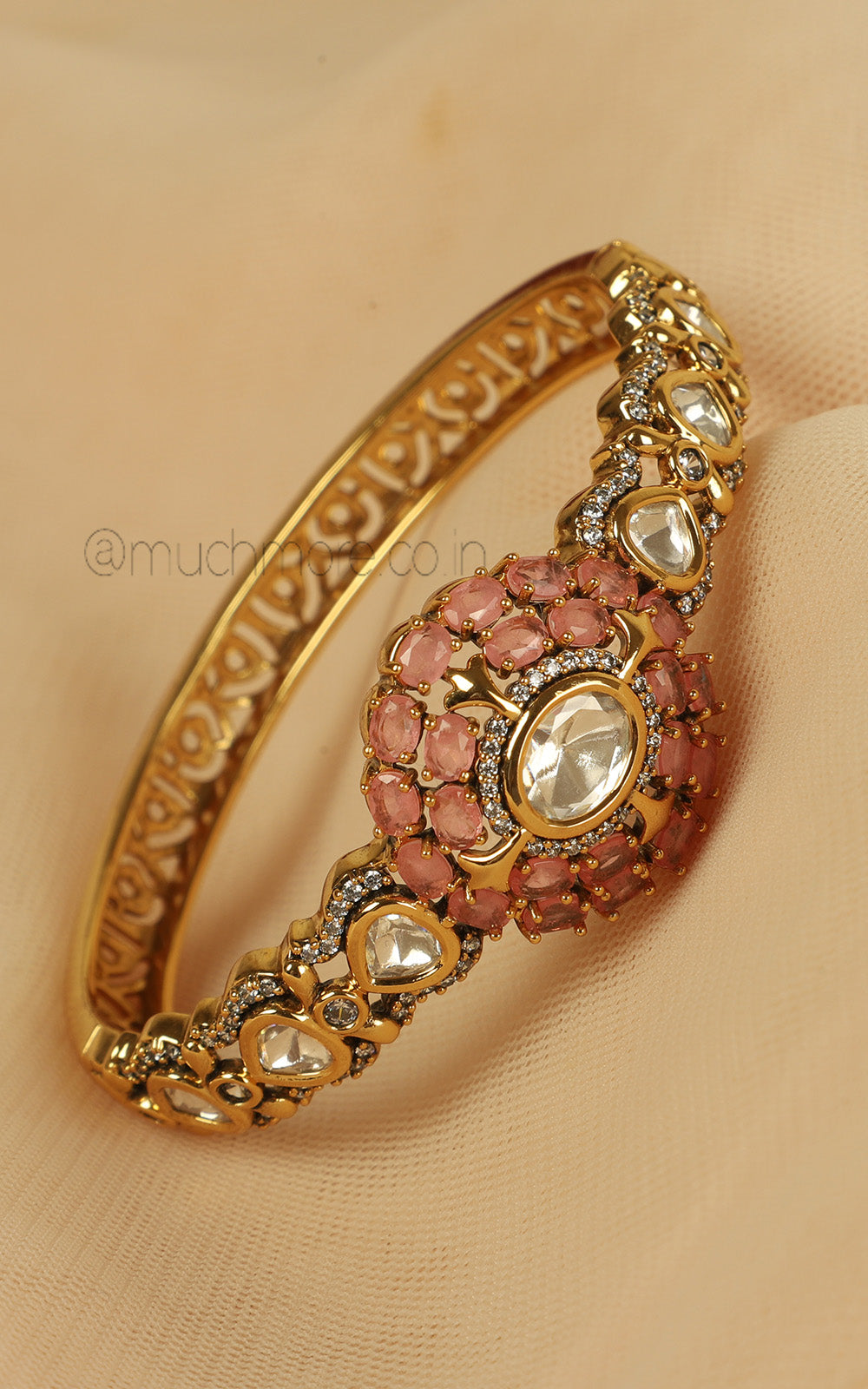 Designer Pink Kundan Fusion Gold Polish Polki Kada Bracelet