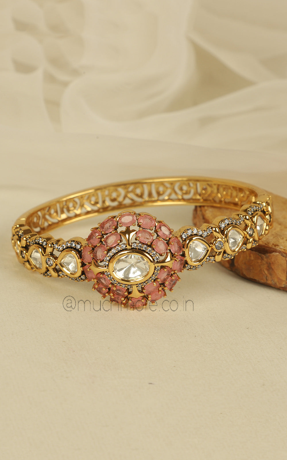 Designer Pink Kundan Fusion Gold Polish Polki Kada Bracelet