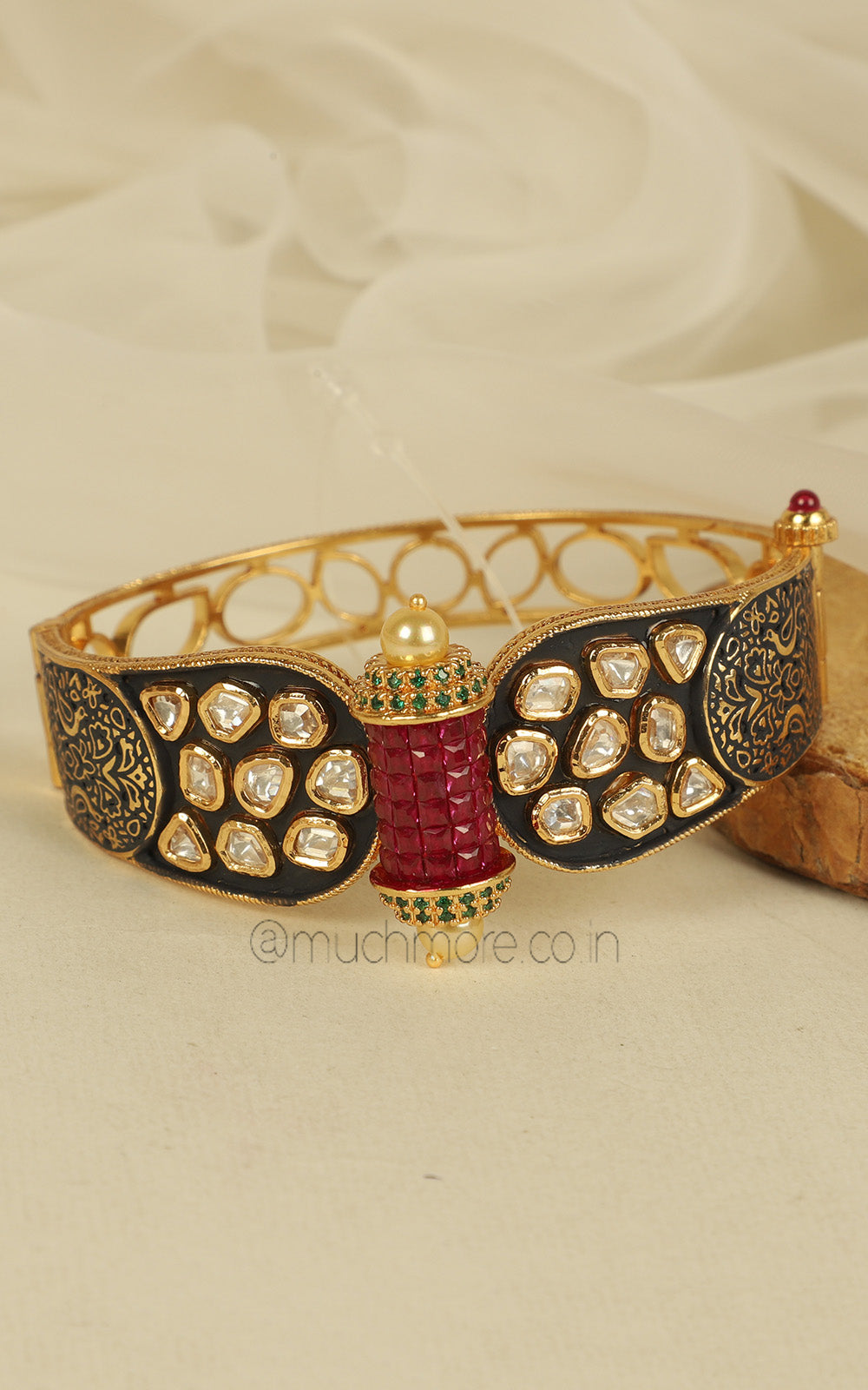 Black Enamel With Ruby And Uncut Kundan Kada Bracelet