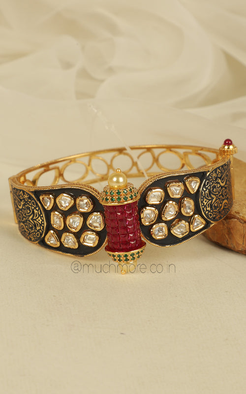 Black Enamel With Ruby And Uncut Kundan Kada Bracelet