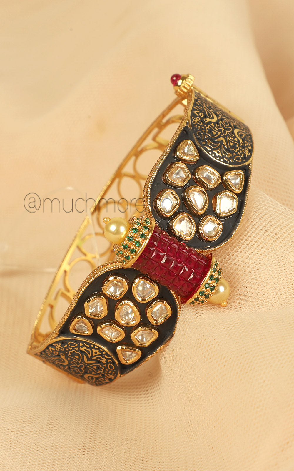 Black Enamel With Ruby And Uncut Kundan Kada Bracelet