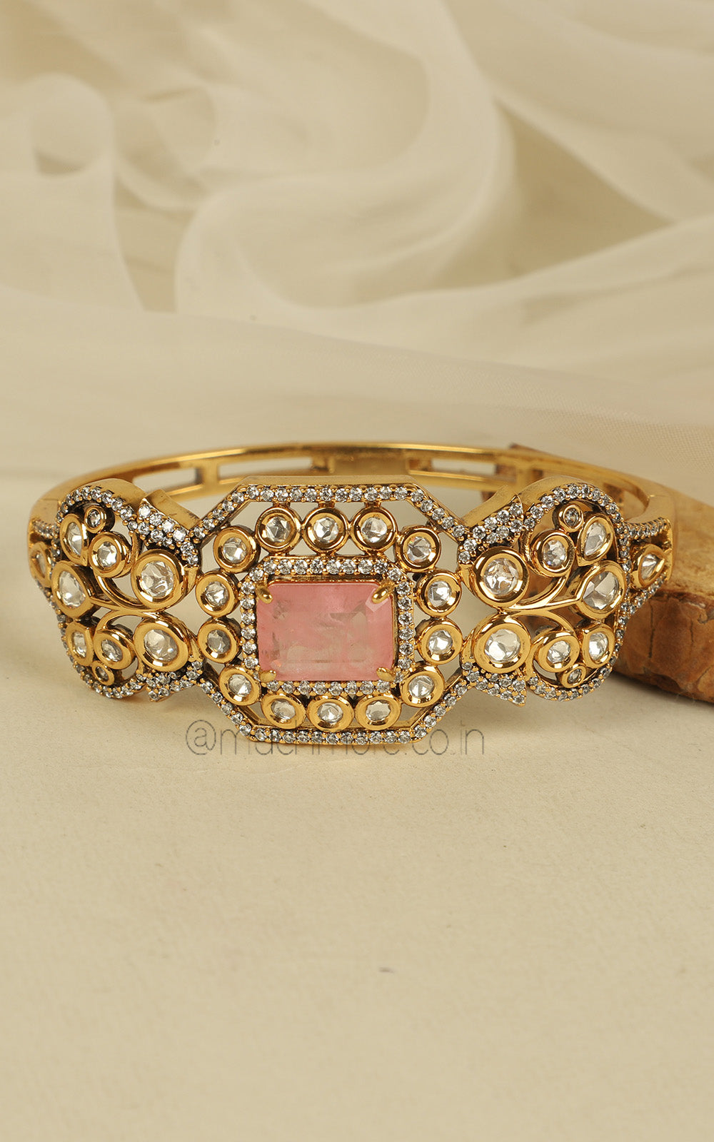 Premium Quality Soft Pink Kundan Gold Polish Kada Bracelet