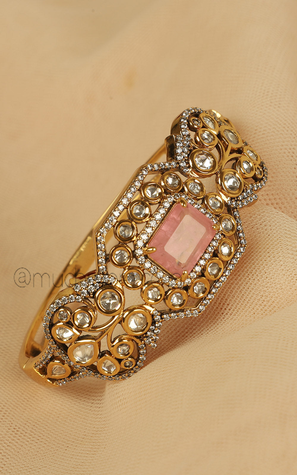 Premium Quality Soft Pink Kundan Gold Polish Kada Bracelet