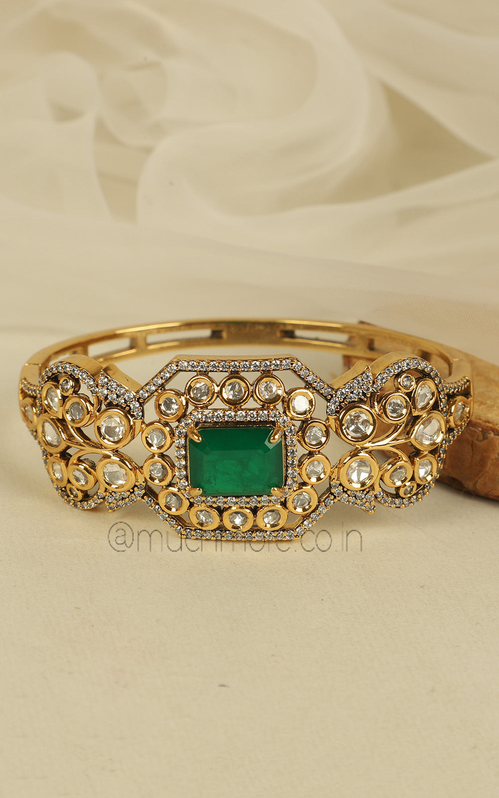 Premium Quality Dark Green Kundan Gold Polish Kada Bracelet