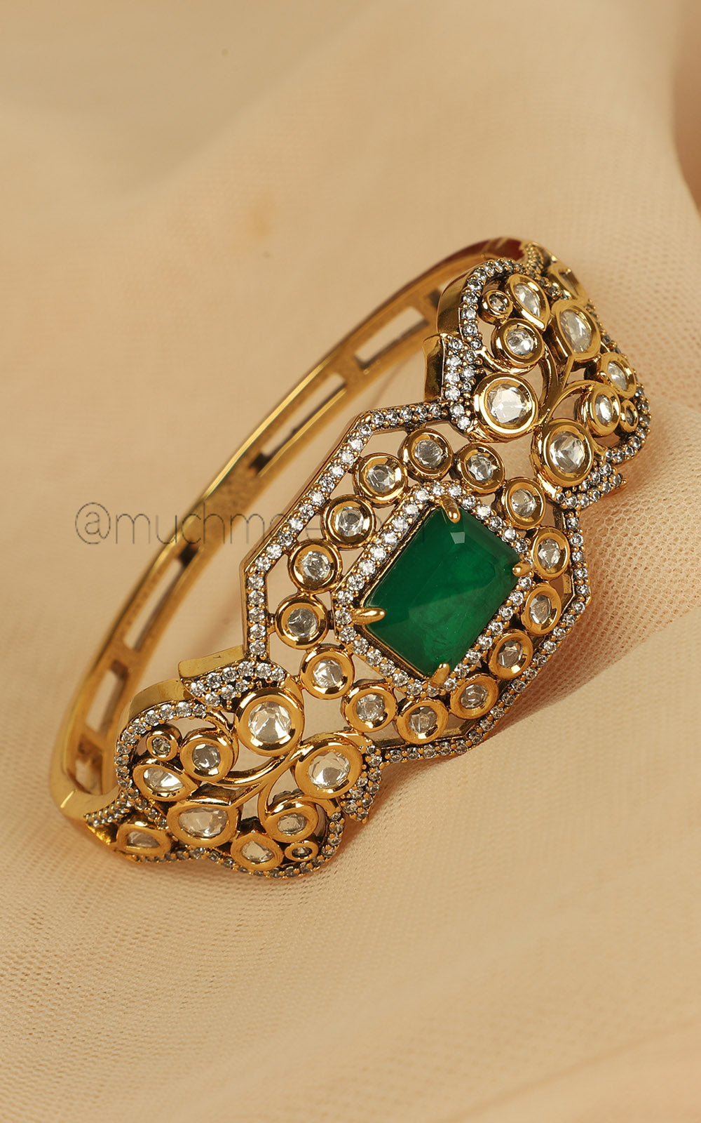 Premium Quality Dark Green Kundan Gold Polish Kada Bracelet