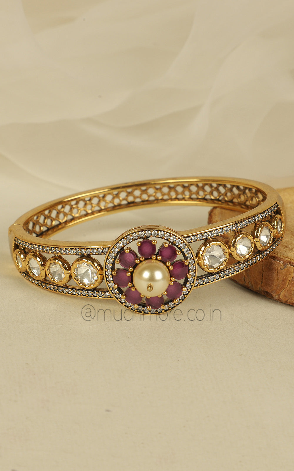 Ruby Kundan Flower Kada Style Side Openable Bracelet
