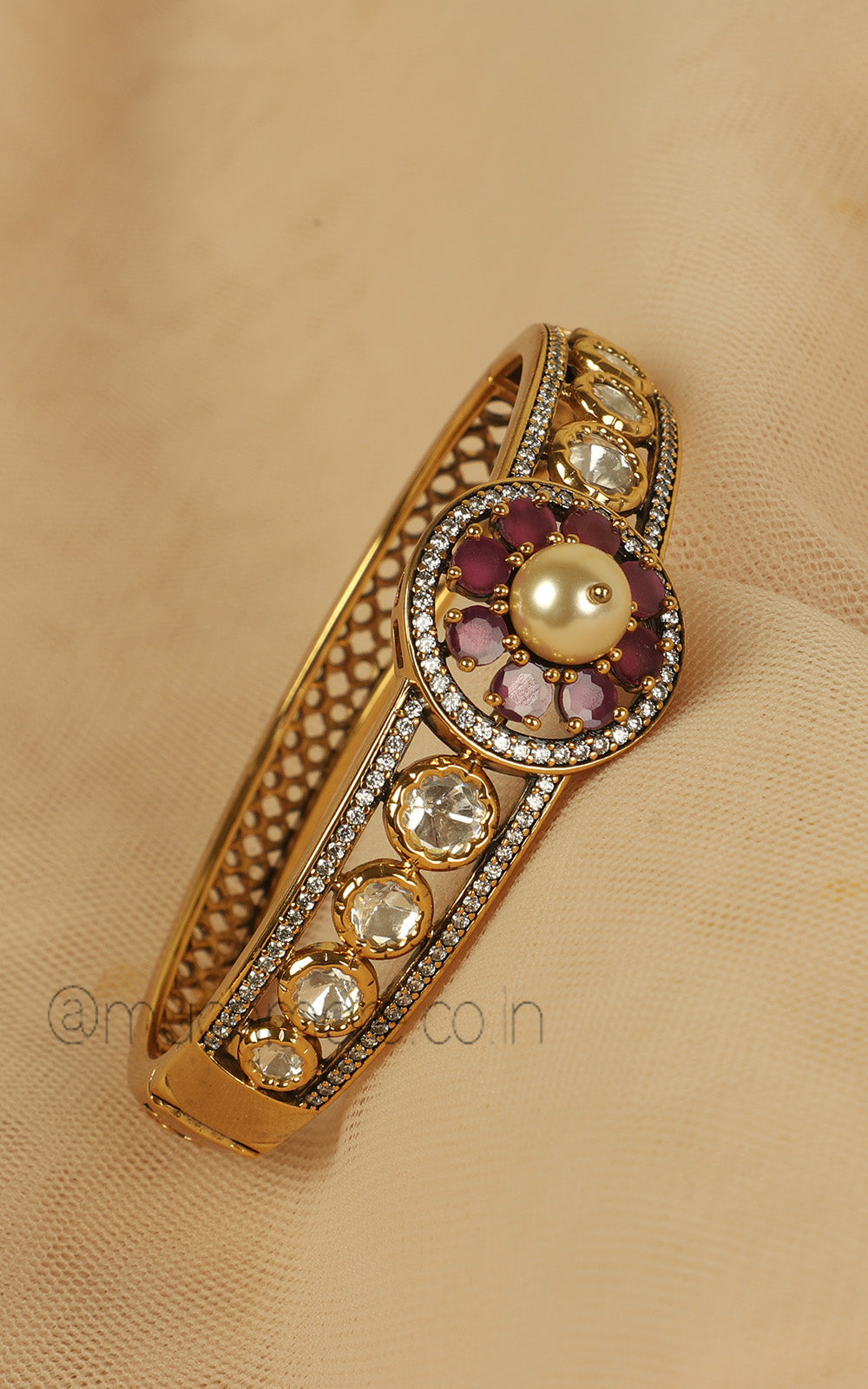 Ruby Kundan Flower Kada Style Side Openable Bracelet