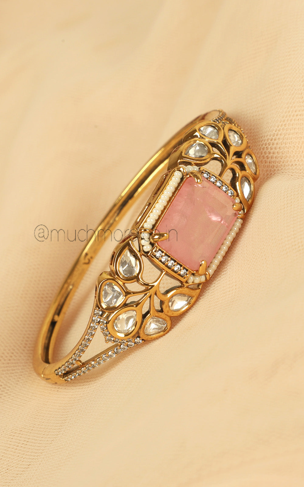 Kada Bracelet In Baby Pink Kundan And Pearl Studded