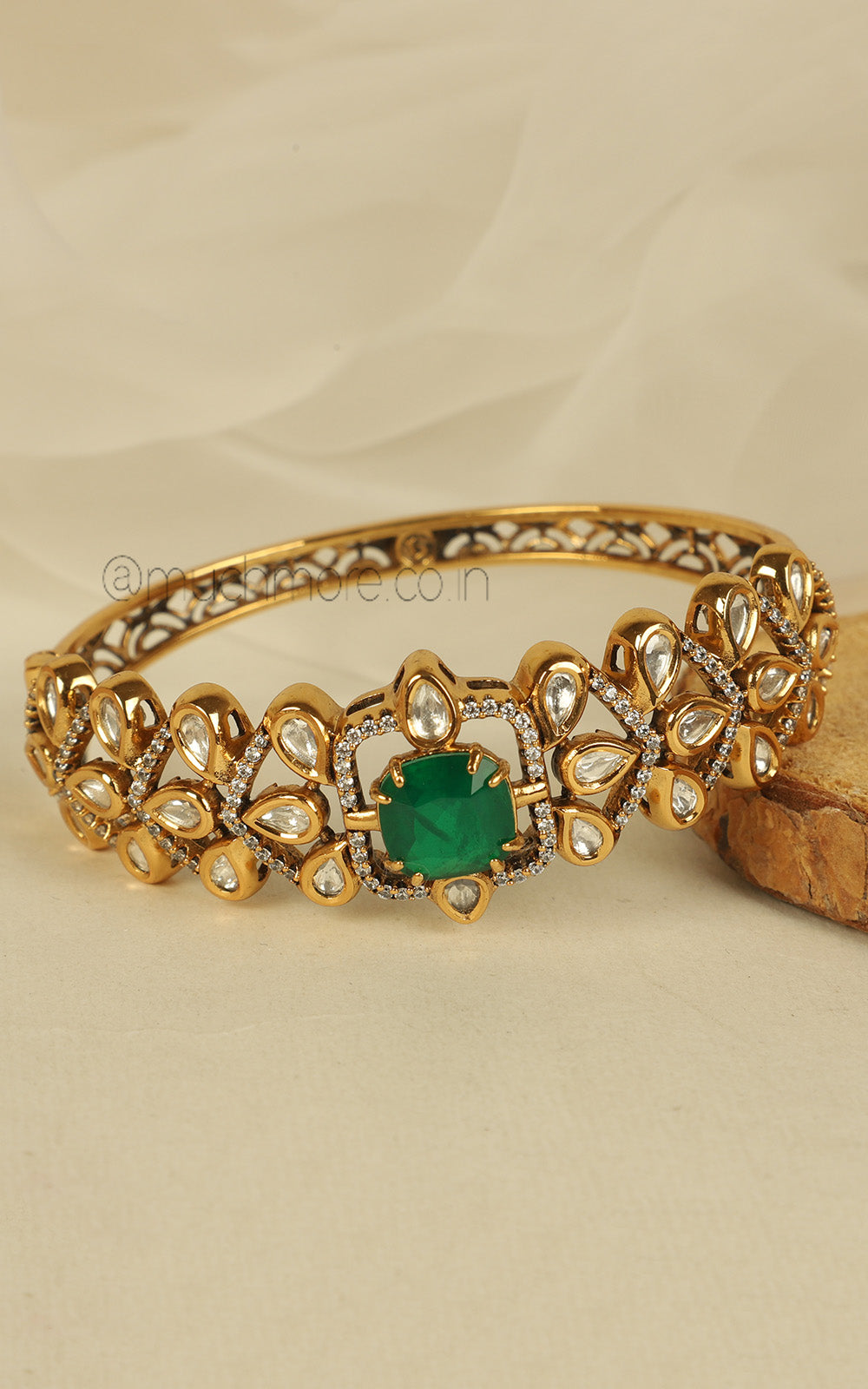 Crafted With Fine Kundan And Emerald Green Kada Bracelet