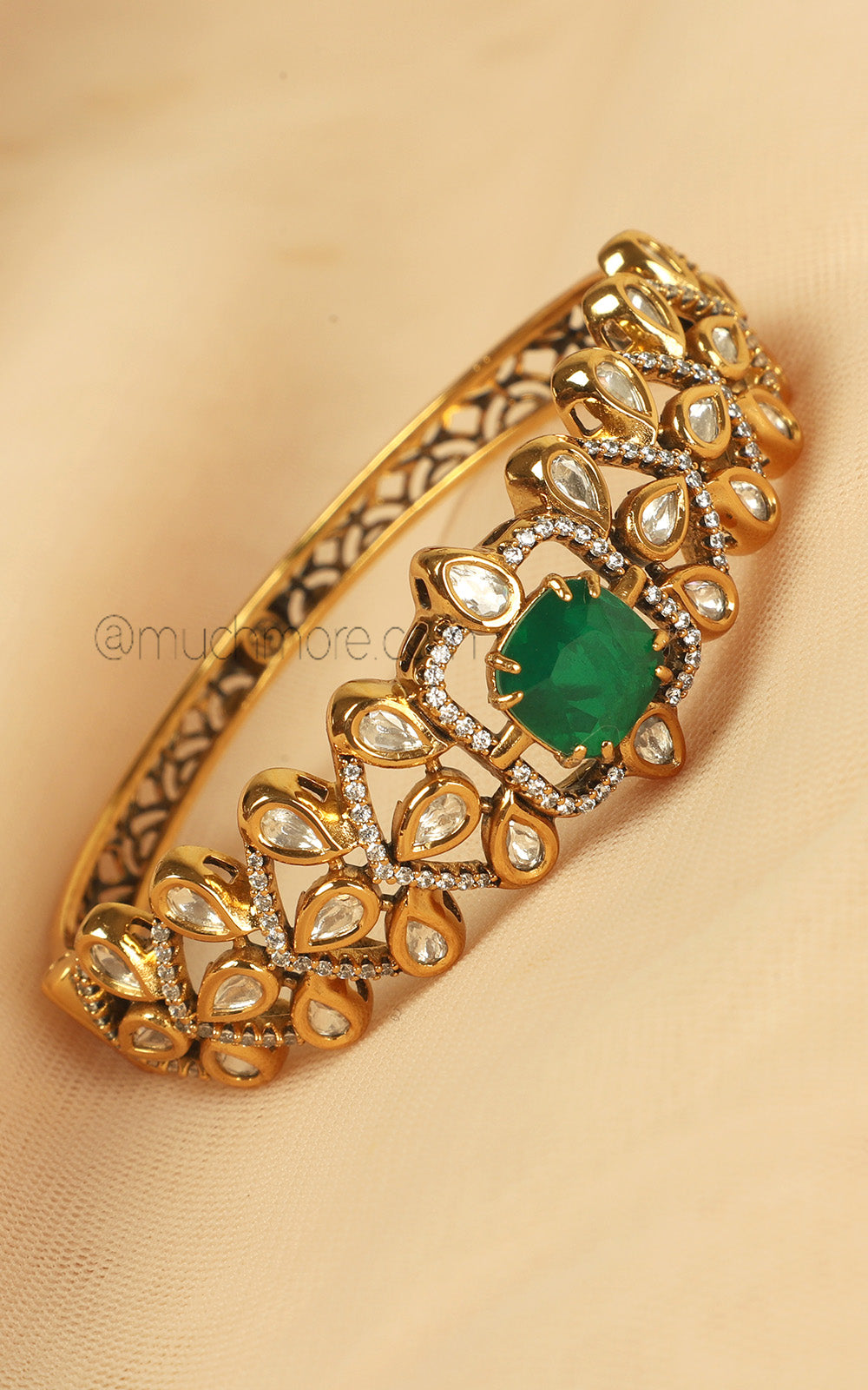 Crafted With Fine Kundan And Emerald Green Kada Bracelet