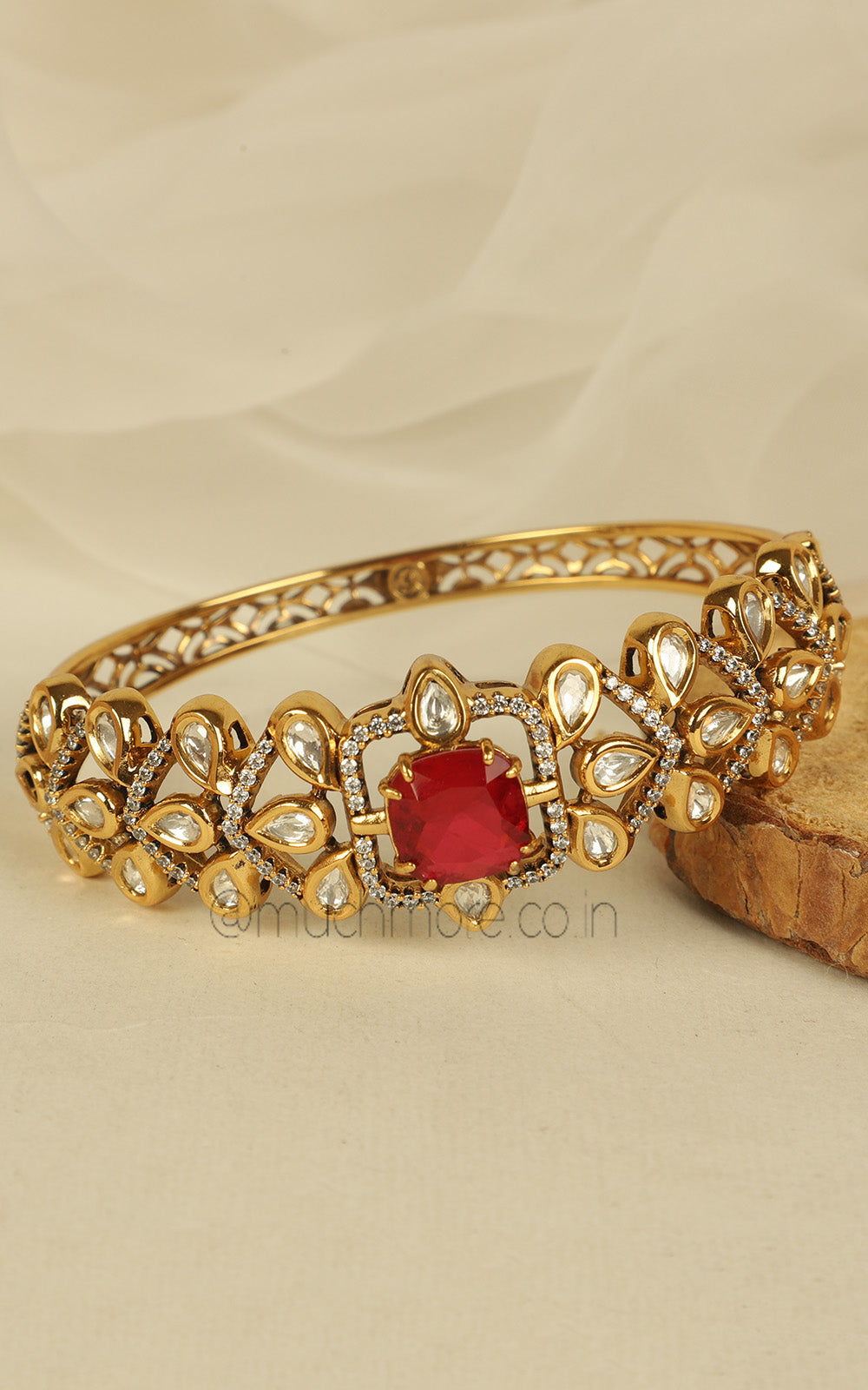 Gold Polish Crafted With Fine Kundan And Ruby Kada Bracelet