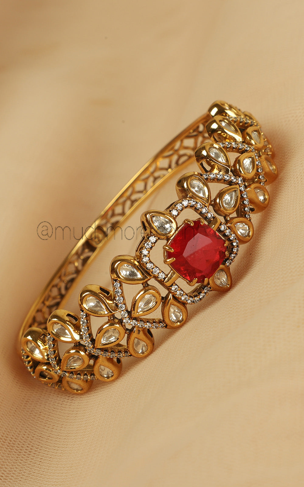 Gold Polish Crafted With Fine Kundan And Ruby Kada Bracelet