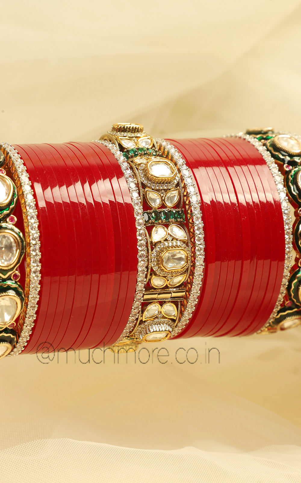 Red And Emerald Polki Premium Chura Collection
