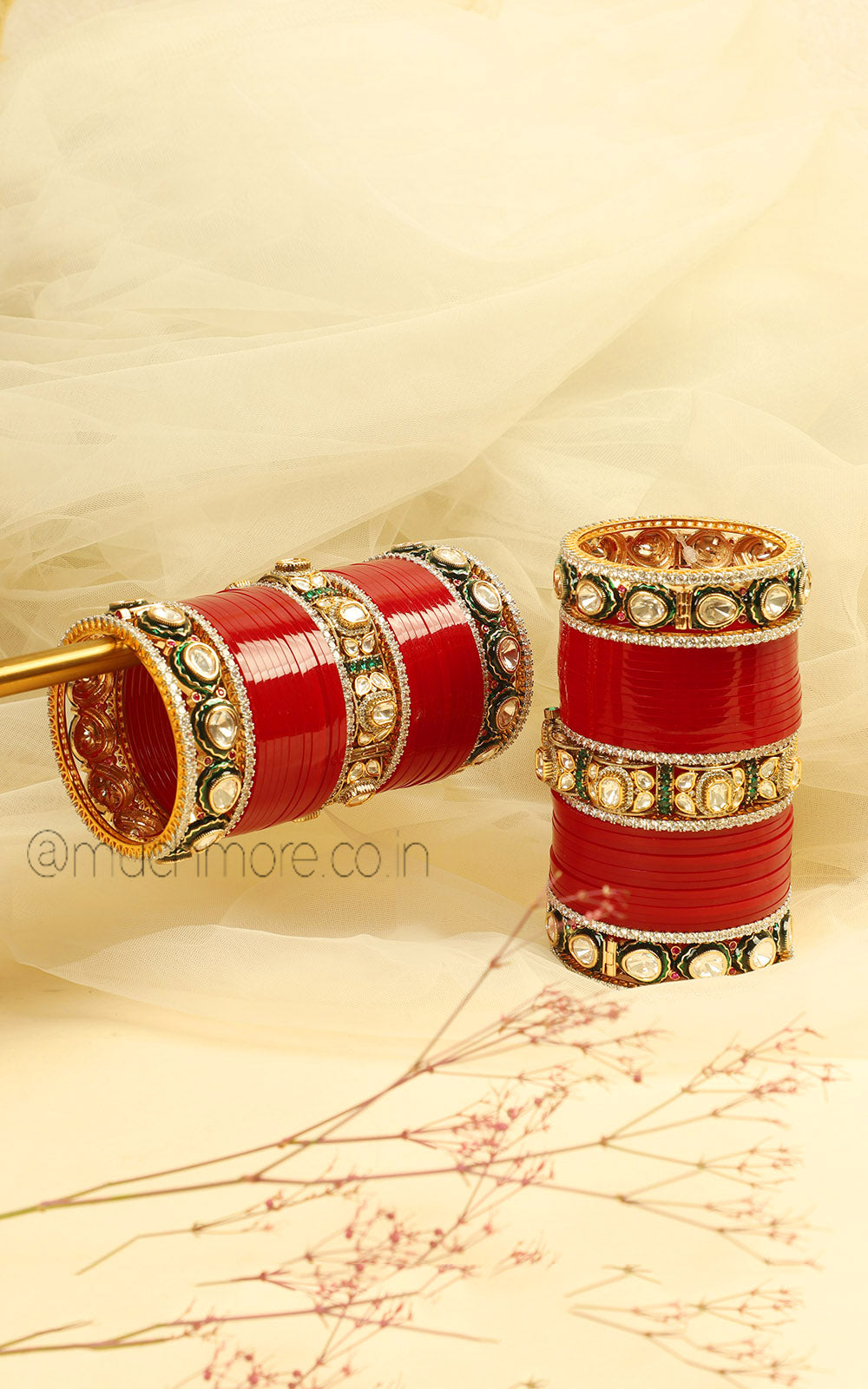 Red And Emerald Polki Premium Chura Collection