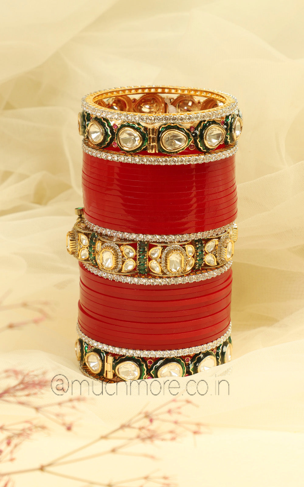 Red And Emerald Polki Premium Chura Collection