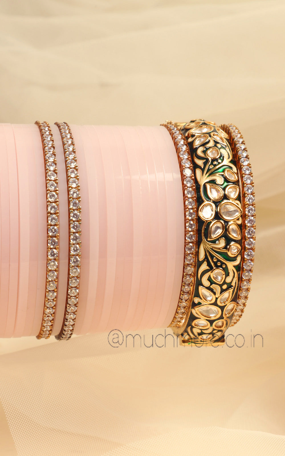 Baby Pink Chura Chooda With Enamel Work Kundan Bangle