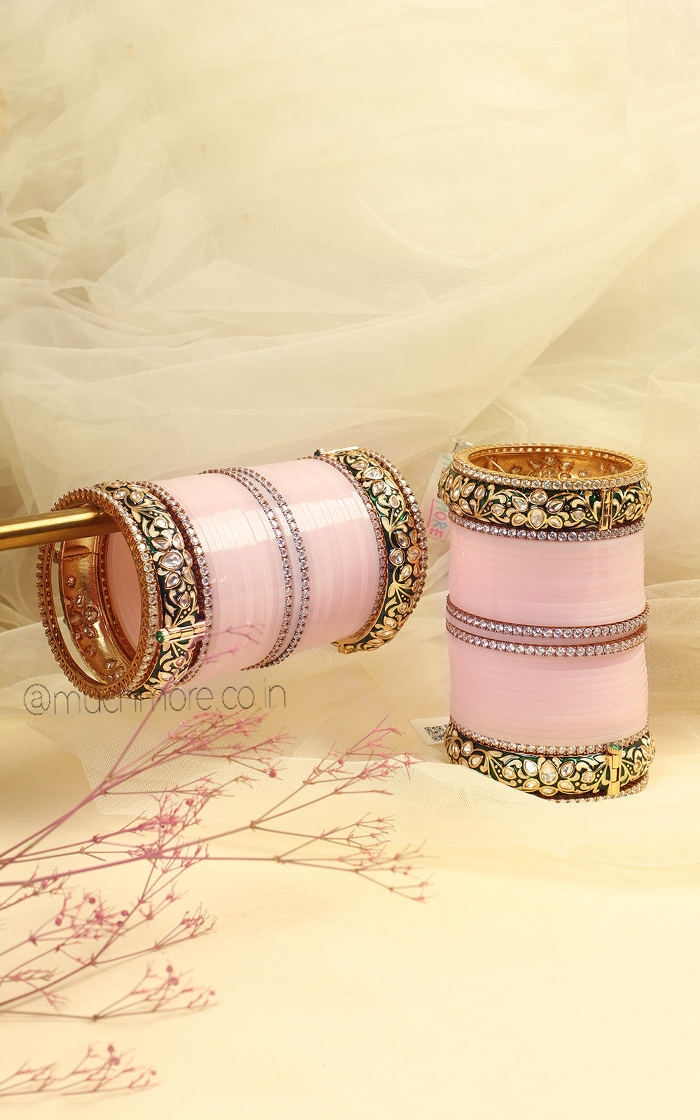 Baby Pink Chura Chooda With Enamel Work Kundan Bangle