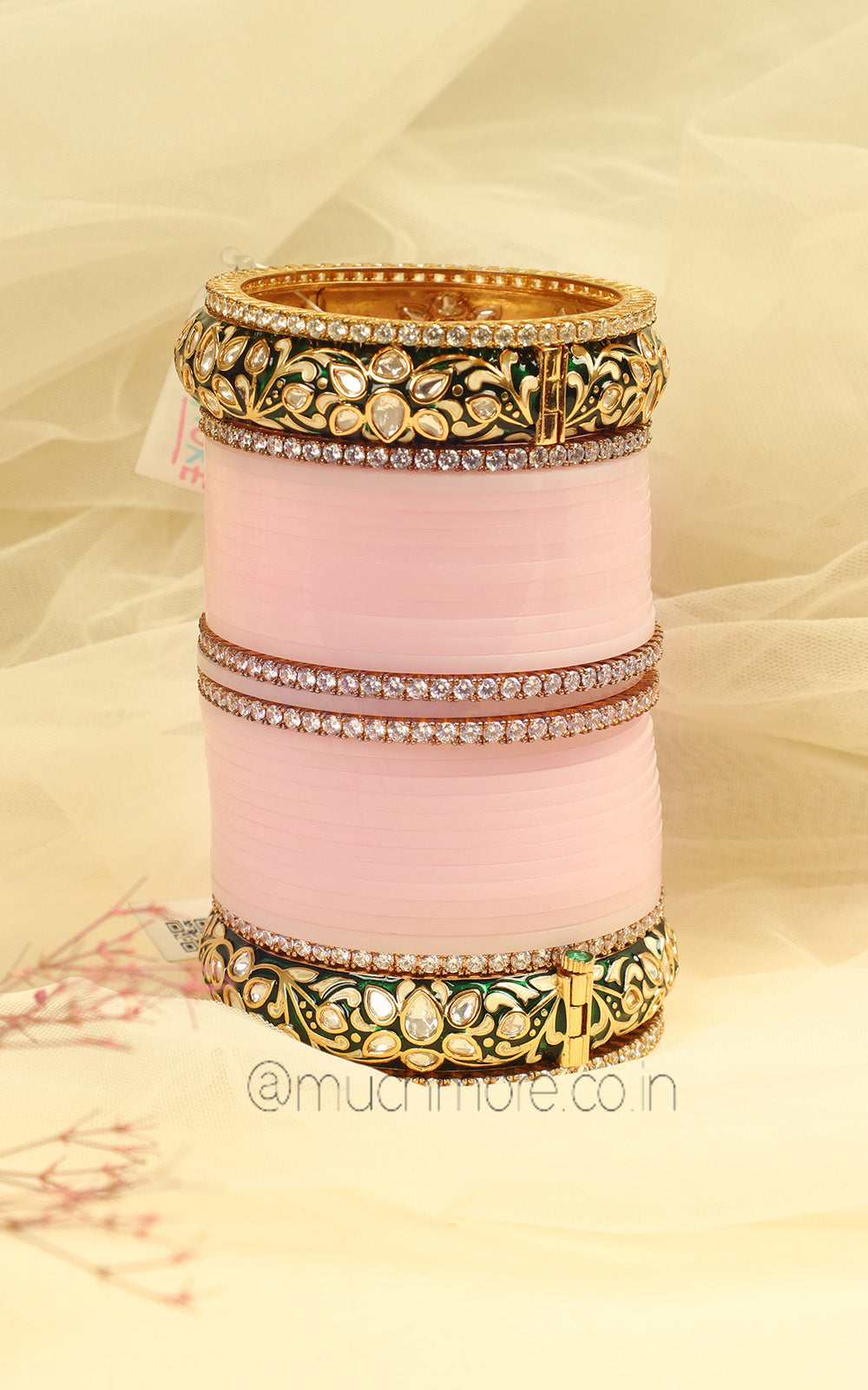 Baby Pink Chura Chooda With Enamel Work Kundan Bangle