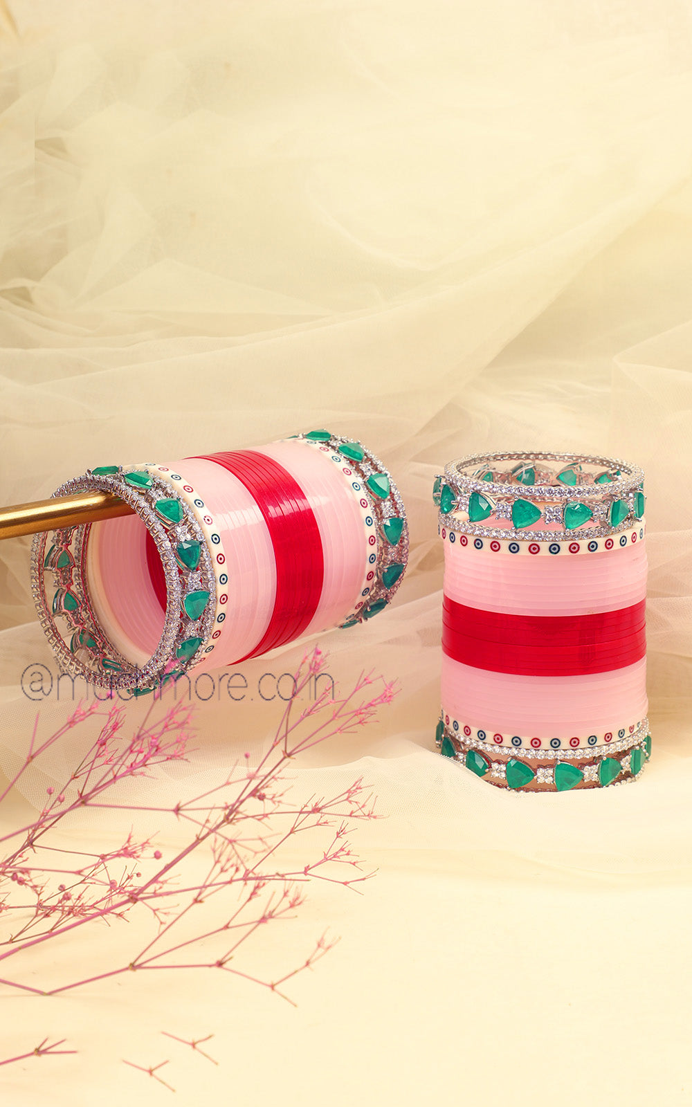 Two Color Bridal Chooda With Silver Diamond Bangles