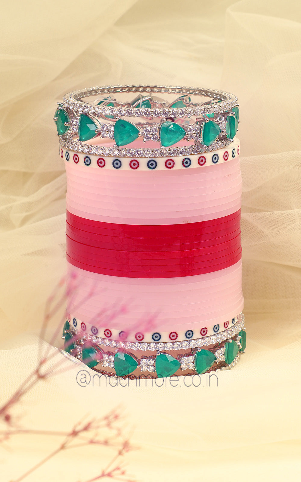 Two Color Bridal Chooda With Silver Diamond Bangles