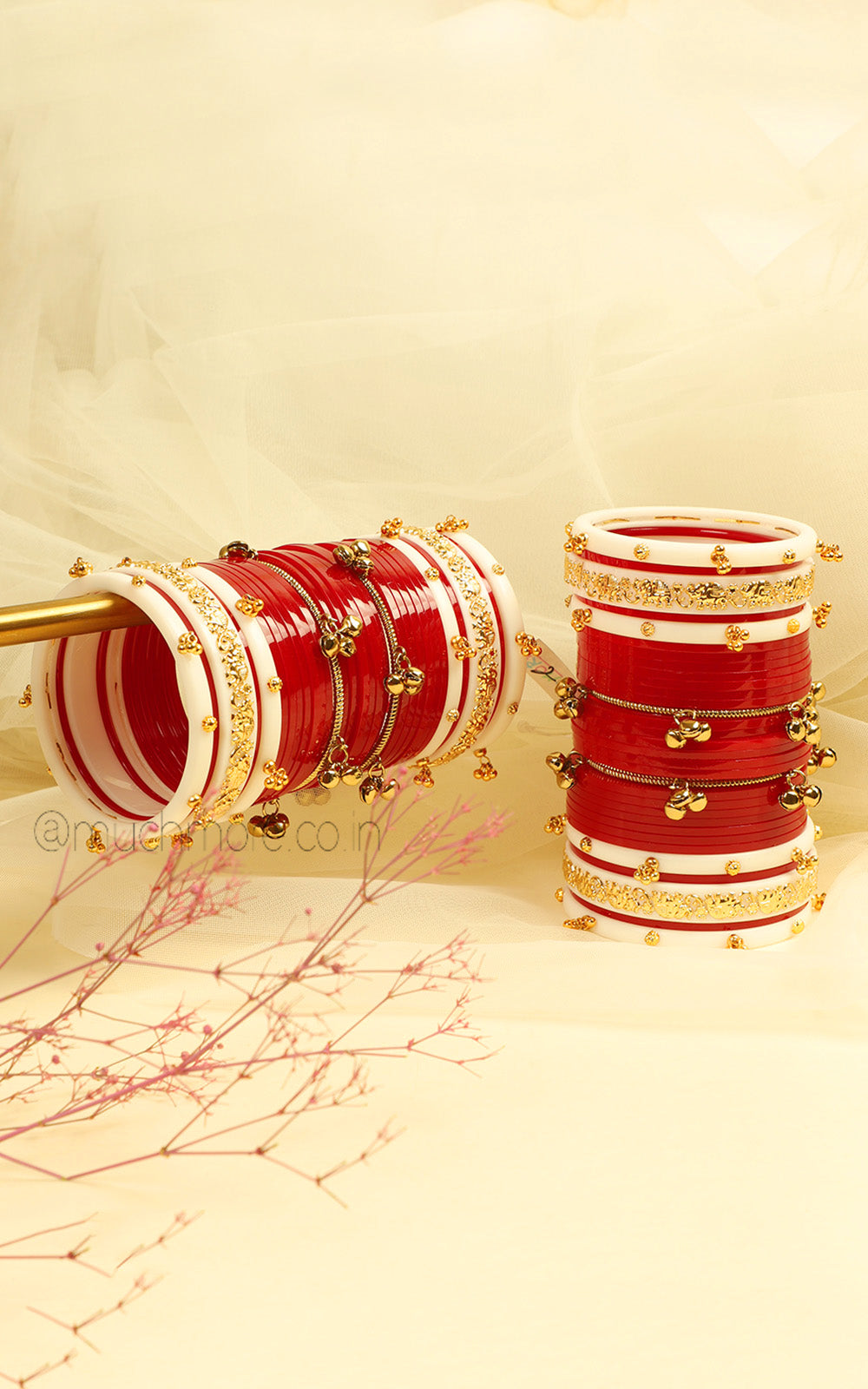 Red And White Bridal Chooda With Ghungaroo Bangles