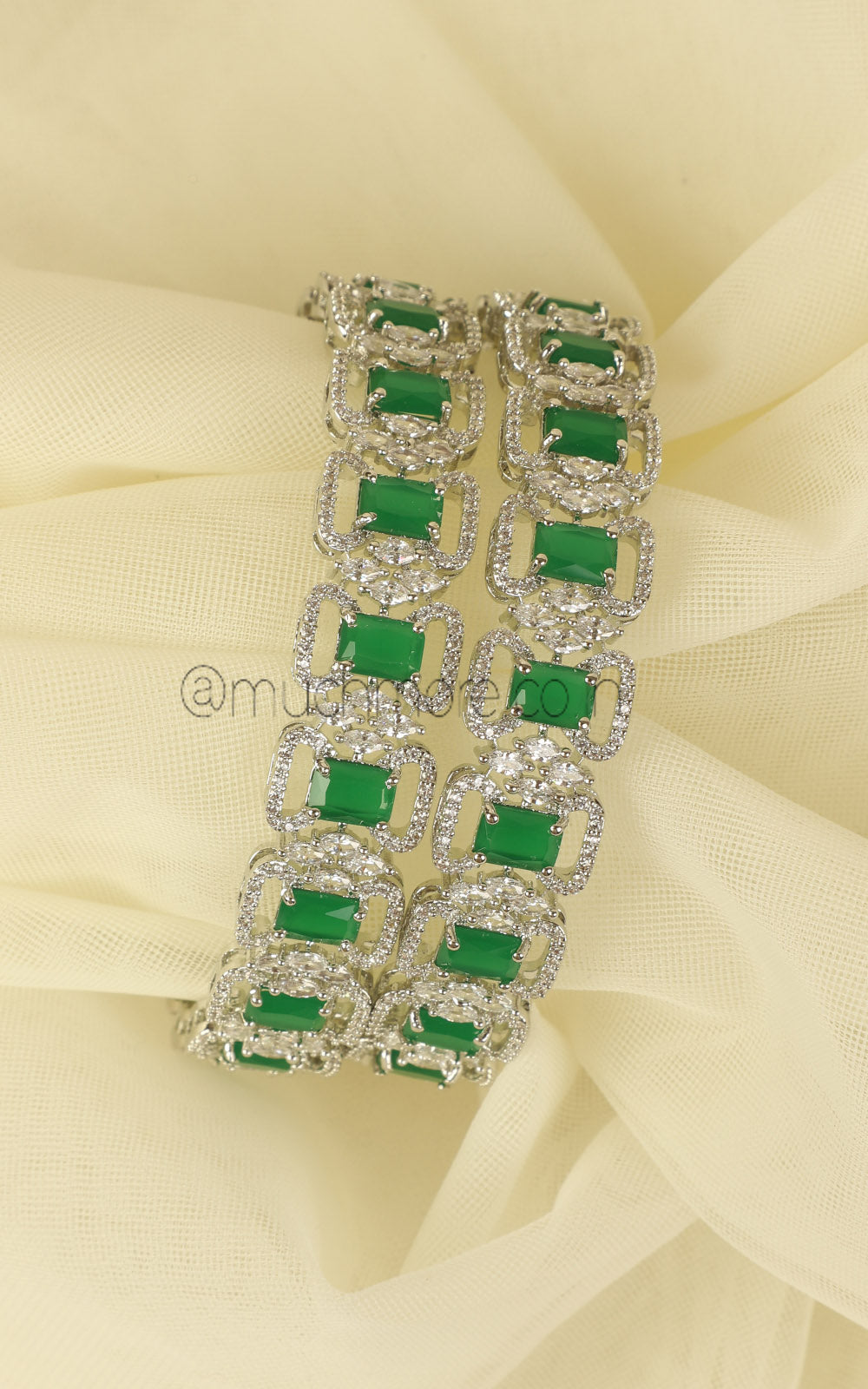 Emerald Green Silver Polish Diamond Bangles Perfect For Brides