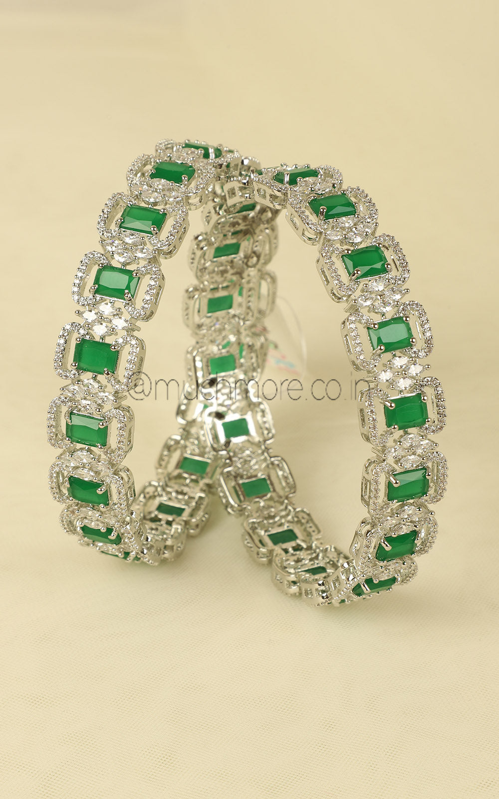Emerald Green Silver Polish Diamond Bangles Perfect For Brides