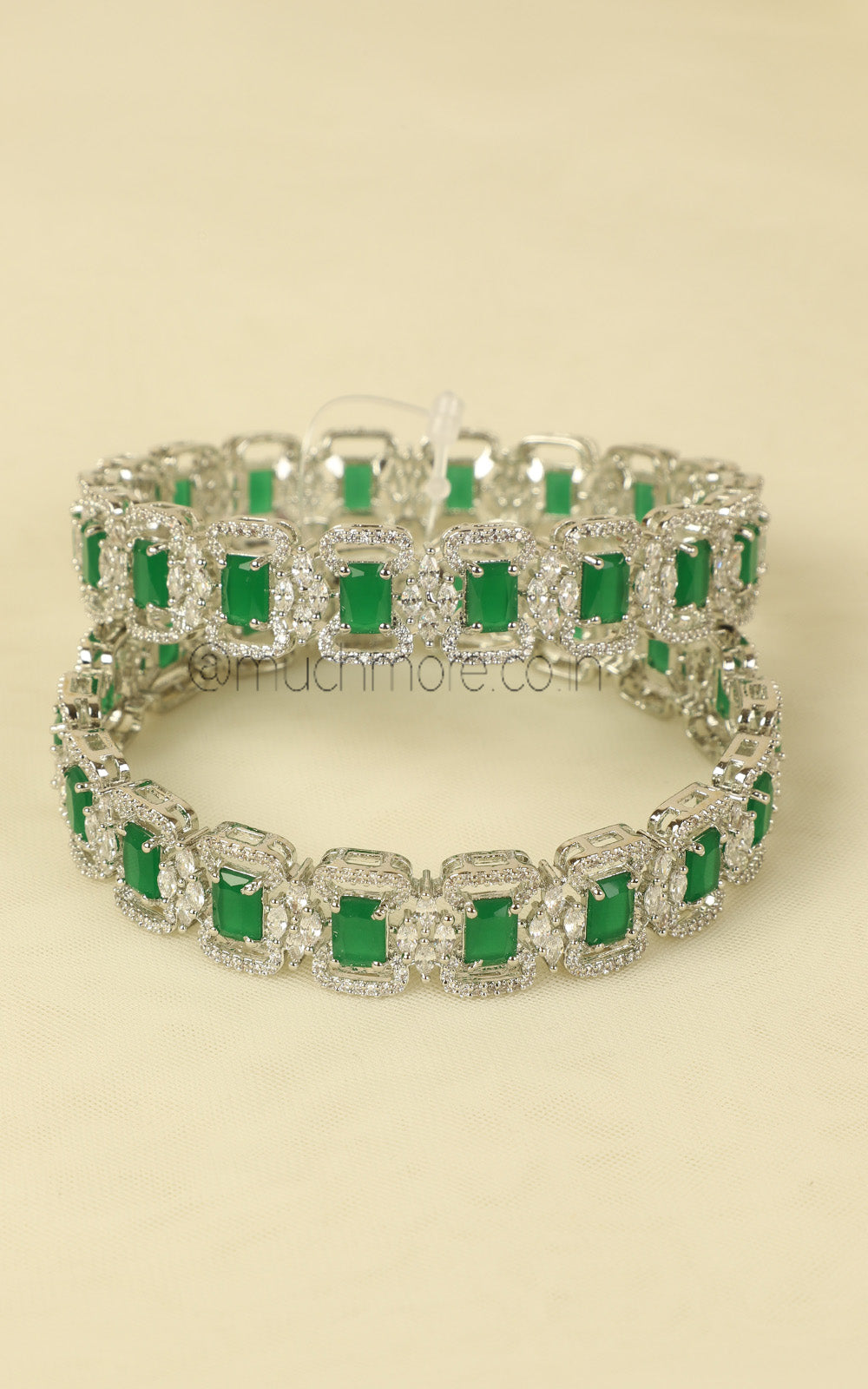 Emerald Green Silver Polish Diamond Bangles Perfect For Brides