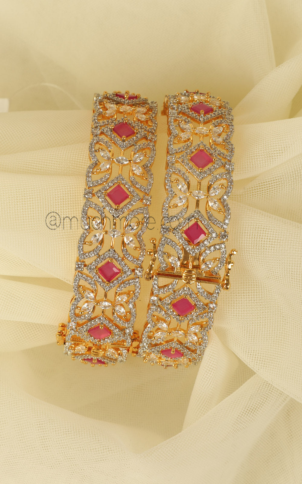 Designer Bridal Ruby Diamond Kada In Gold Polish